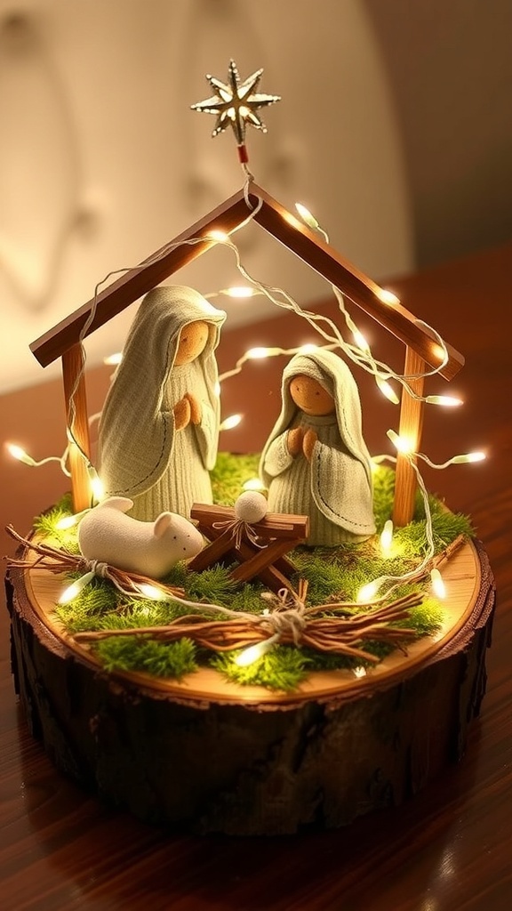 Handmade nativity scene with figures of Mary, Joseph, and baby Jesus on a wooden base, decorated with lights and natural elements.